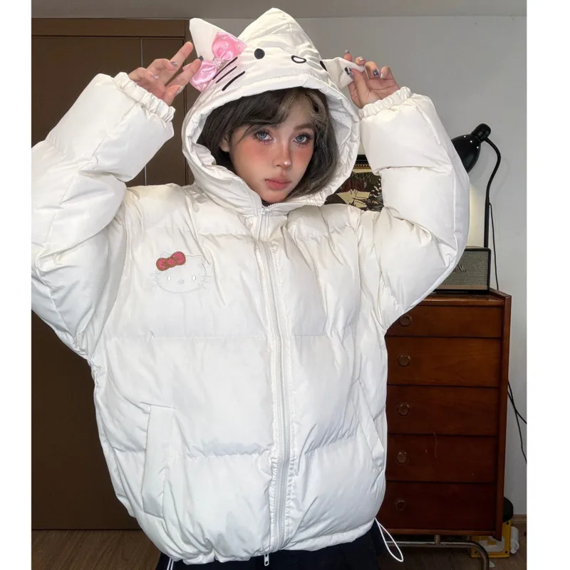 Miniso Plus Size Hellokitty Y2k Cotton Coats Girls Kitty Ear Decor Kawaii Zipper Jacket Cute Cartoon Warm Hooded Coats For Women image 2