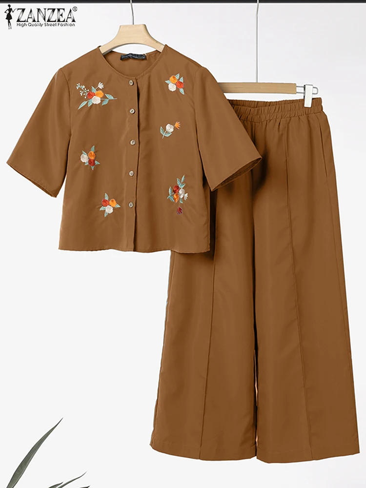 

ZANZEA Женские комплекты брюк Летние повседневные комплекты из 2 предметов Рубашки с короткими рукавами и круглым вырезом с цветочной вышивкой и широкие брюки Костюмы из 2 предметов