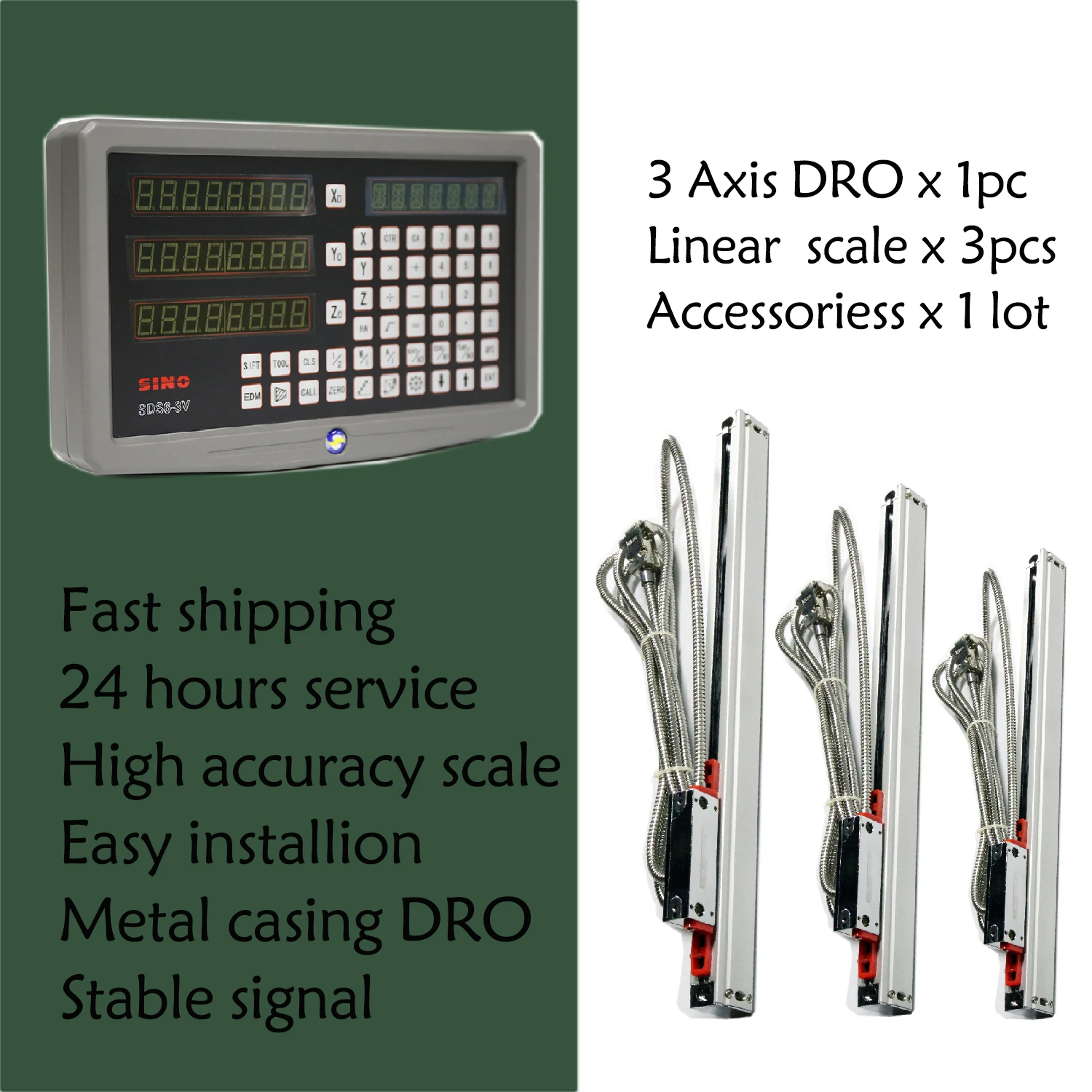 SINO 3 Axis Digital Readout DRO Kit SDS3MS and KA300 + Slim KA500 5um Ruler Linear Scale Optical Encoder Lathe Milling