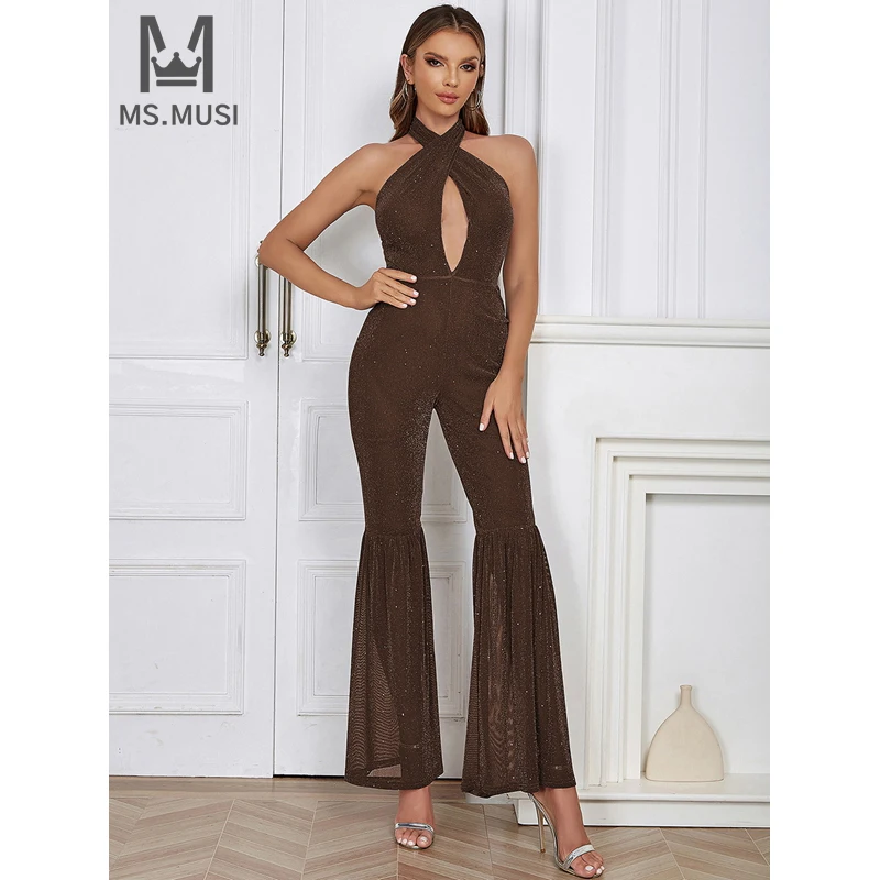 MSMUSI 2024 New Fashion Women Sexy Halter Hollow Out Sequins Sleeveless Backless Bodycon Party Club Flare Pant Lady Jumpsuit