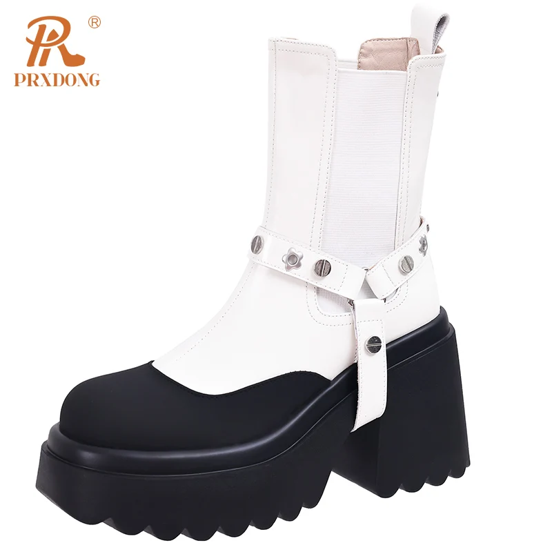 

PRXDONG New 2023 Brand Genuine Leather Chunky High Heels Platform Shoes Woman Ankle Boots Autumn Winter Warm Shoes Size 34-39