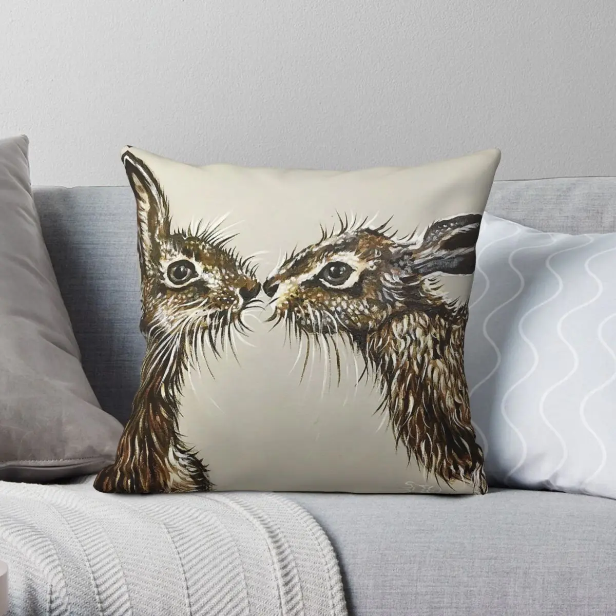 The Kissing Hares Square Pillowcase Polyester Linen Velvet Creative Zip Decor Bed Cushion Cover