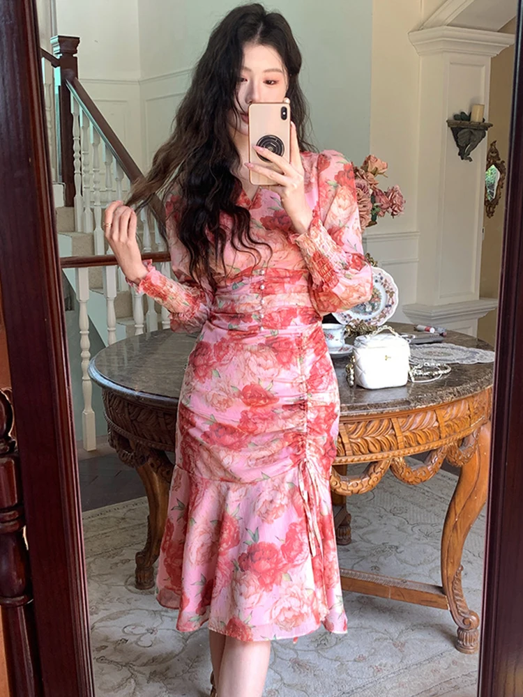 Ropa de mujer de gasa dulce estampado Floral Puff manga cordón ajustado Midi Vestido de cola de pez elegante Vestido de fiesta Casual otoño nuevo