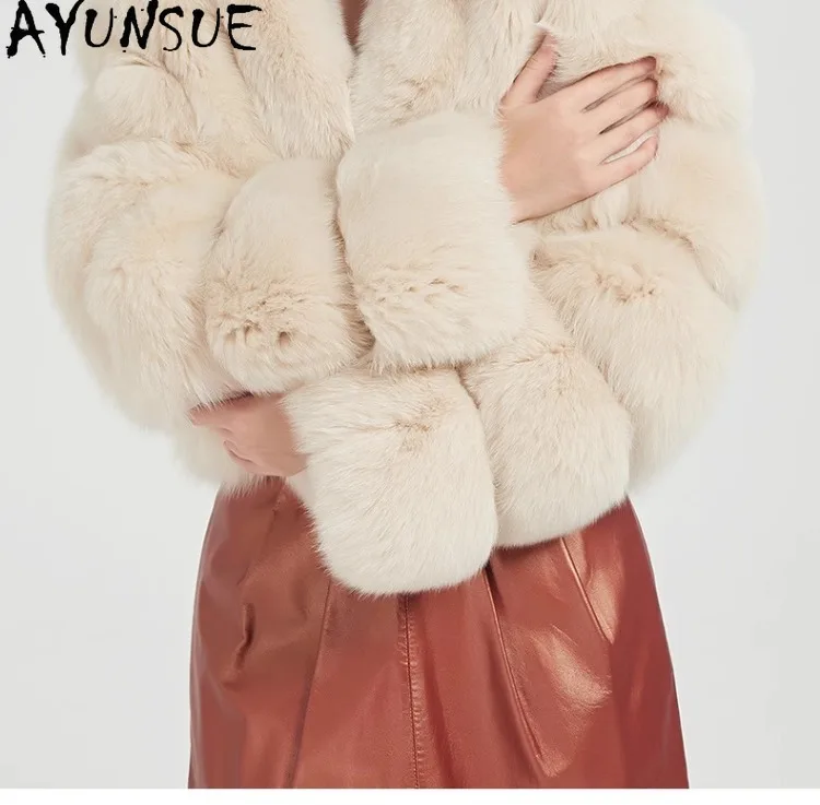 Płaszcz damski z naturalnego futra lisa AYUNSUE, cały z futra lisa, zimowe ciepłe płaszcze damskie z prawdziwego futra, nowość w kategorii płaszczy, krótki fason, Casaco Feminino