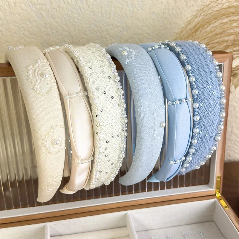 

2025 Retro Rose Print Pearl Crystal Headband Women Elegant Hair Band Girl Sweet Beige Blue Hair Hoop Lady Party Hair Accessories