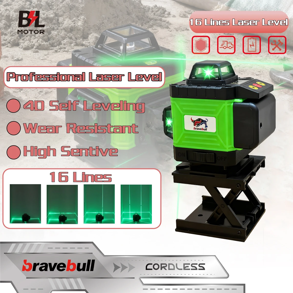 

Bravebull 4D 16 Lines Laser Level KIT Green Line Self-Leveling 360 Horizontal And Vertical Powerful Laser Level Green Beam
