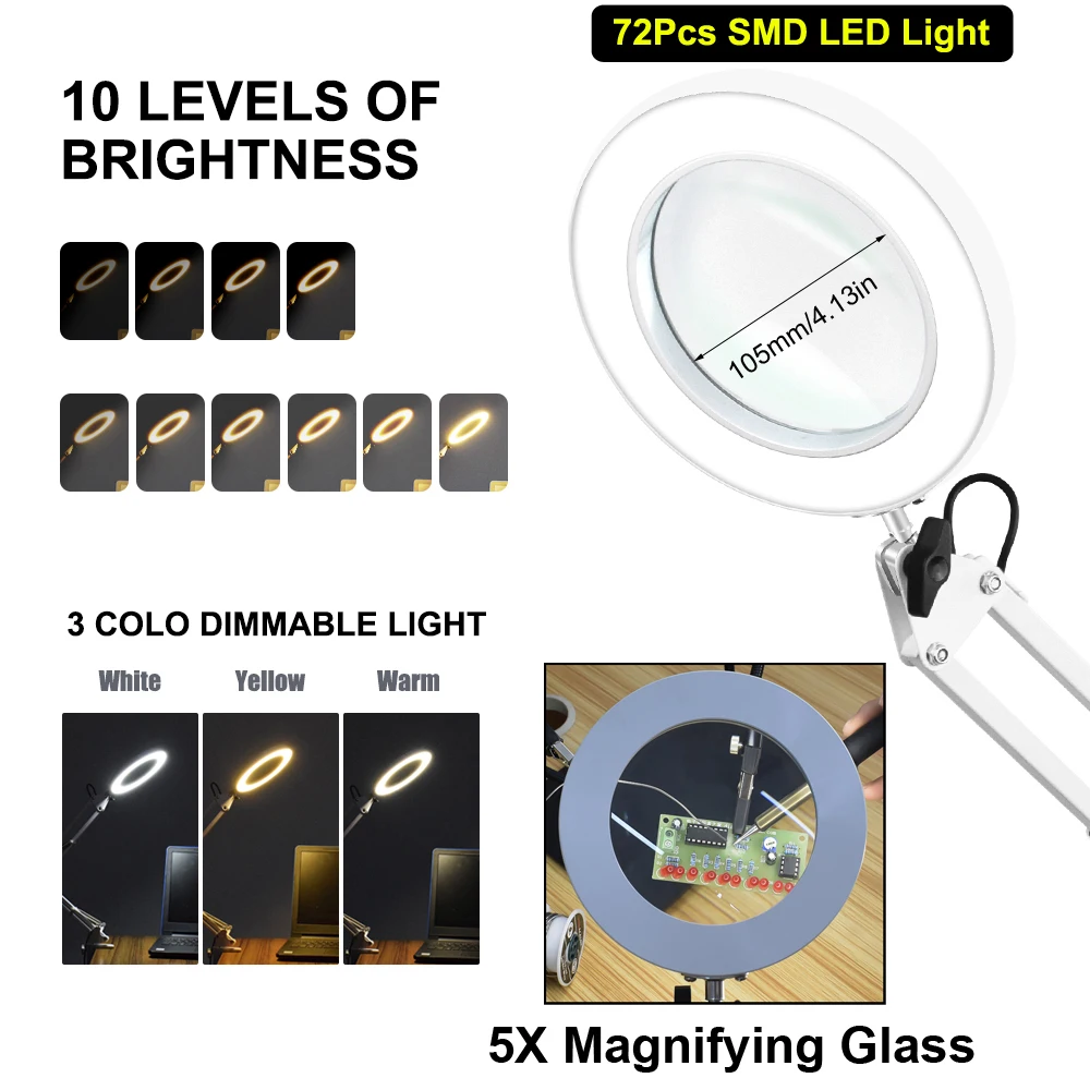 5X Magnifying Glass 4.13inch Glass Lenes Magnifier Lamp with Swing Arm and Clamp 3-Color Dimmable Lights for Crafts, Close Work