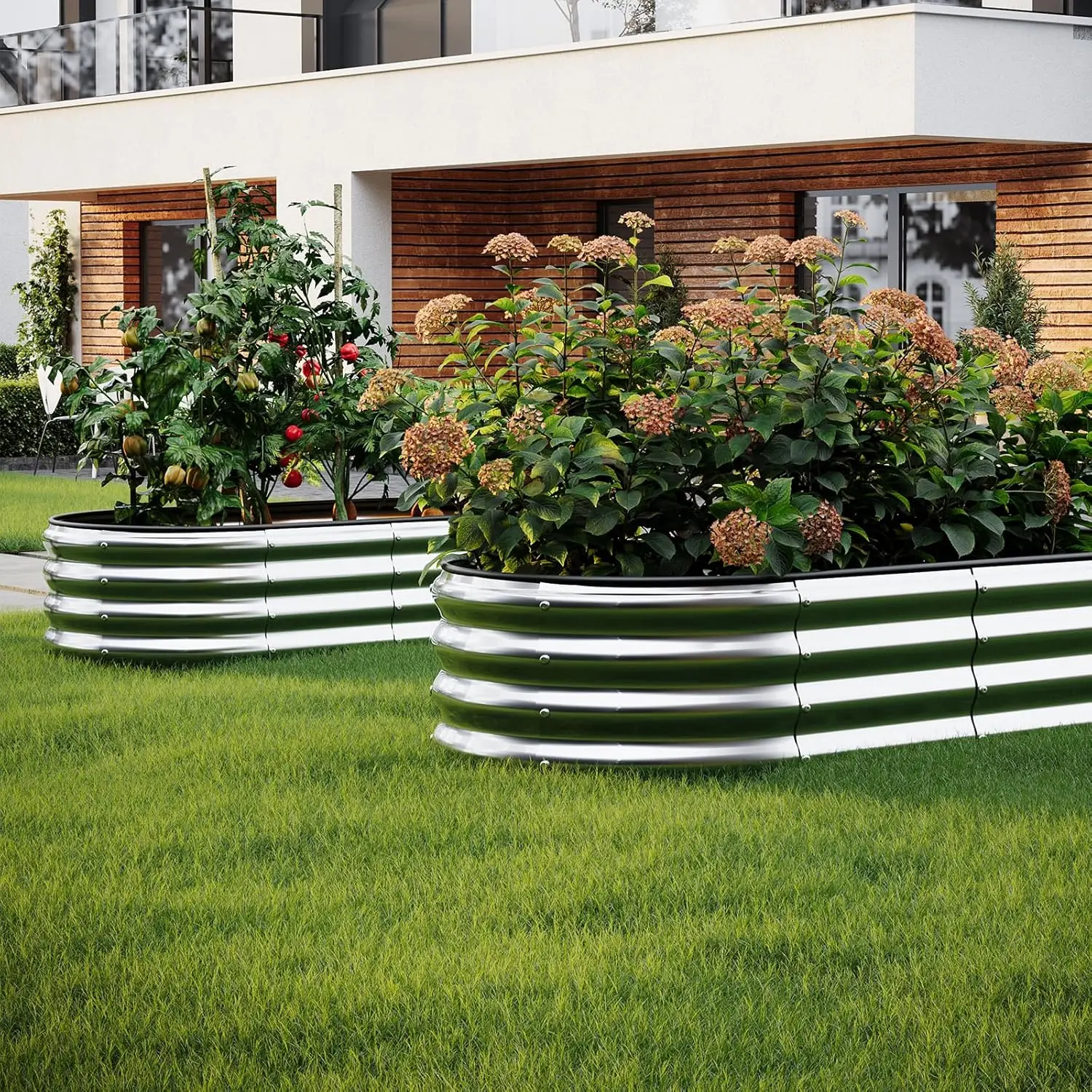 طقم سرير حديقة مستدير مجلفن للزراعة المعدنية للبستنة في الهواء الطلق، 2 × 2 × 1 قدم 2 قطعة صندوق حديقة مرفوع سرير زهور، مستدير G #6