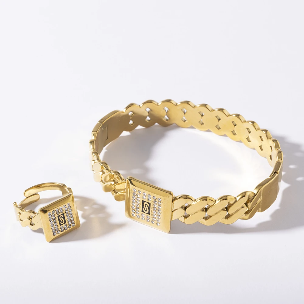 LUIZADA Bling Miami brazalete y anillo chapados en oro cubano moda hombres y mujeres joyería de acero inoxidable Hip pop rapero joyería regalo