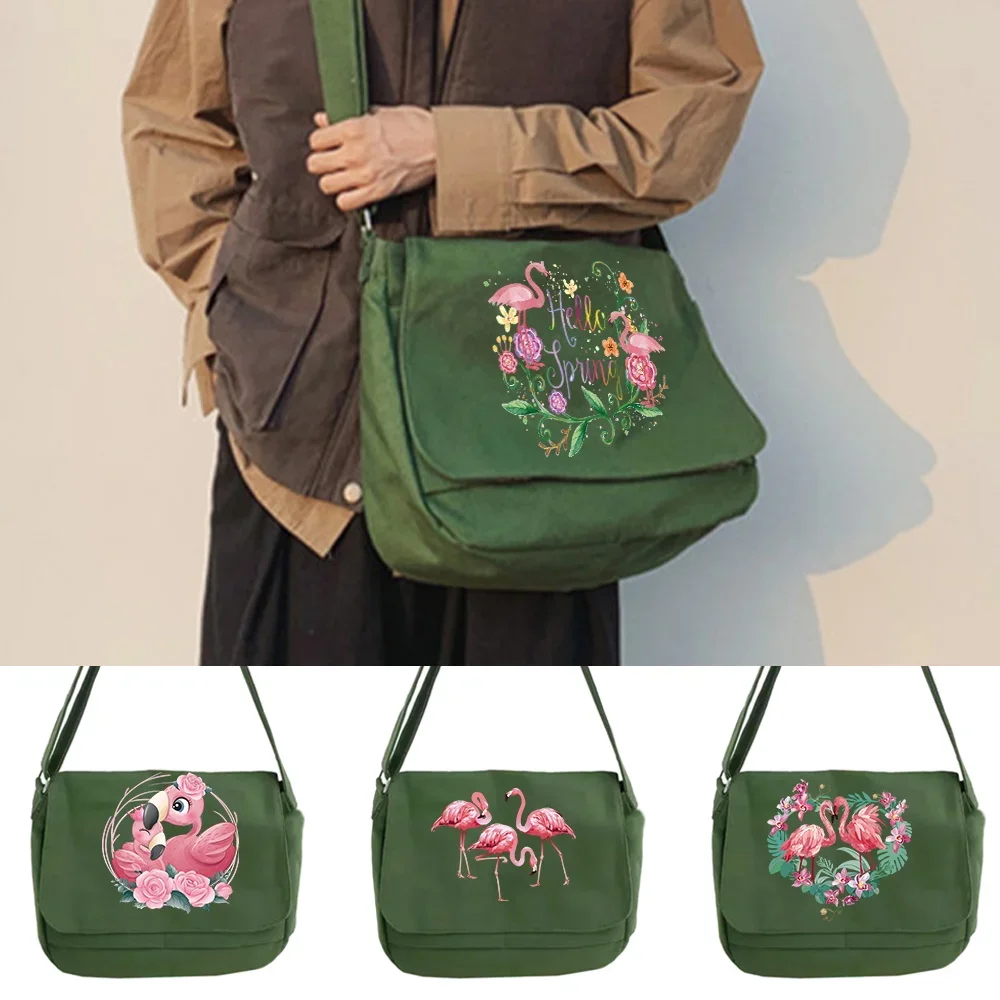 2023 Shoulder Messenger Bag Women All-match Canvas Crossbody Bags Student Style Casual Version Satchels Flamingo Print Organizer