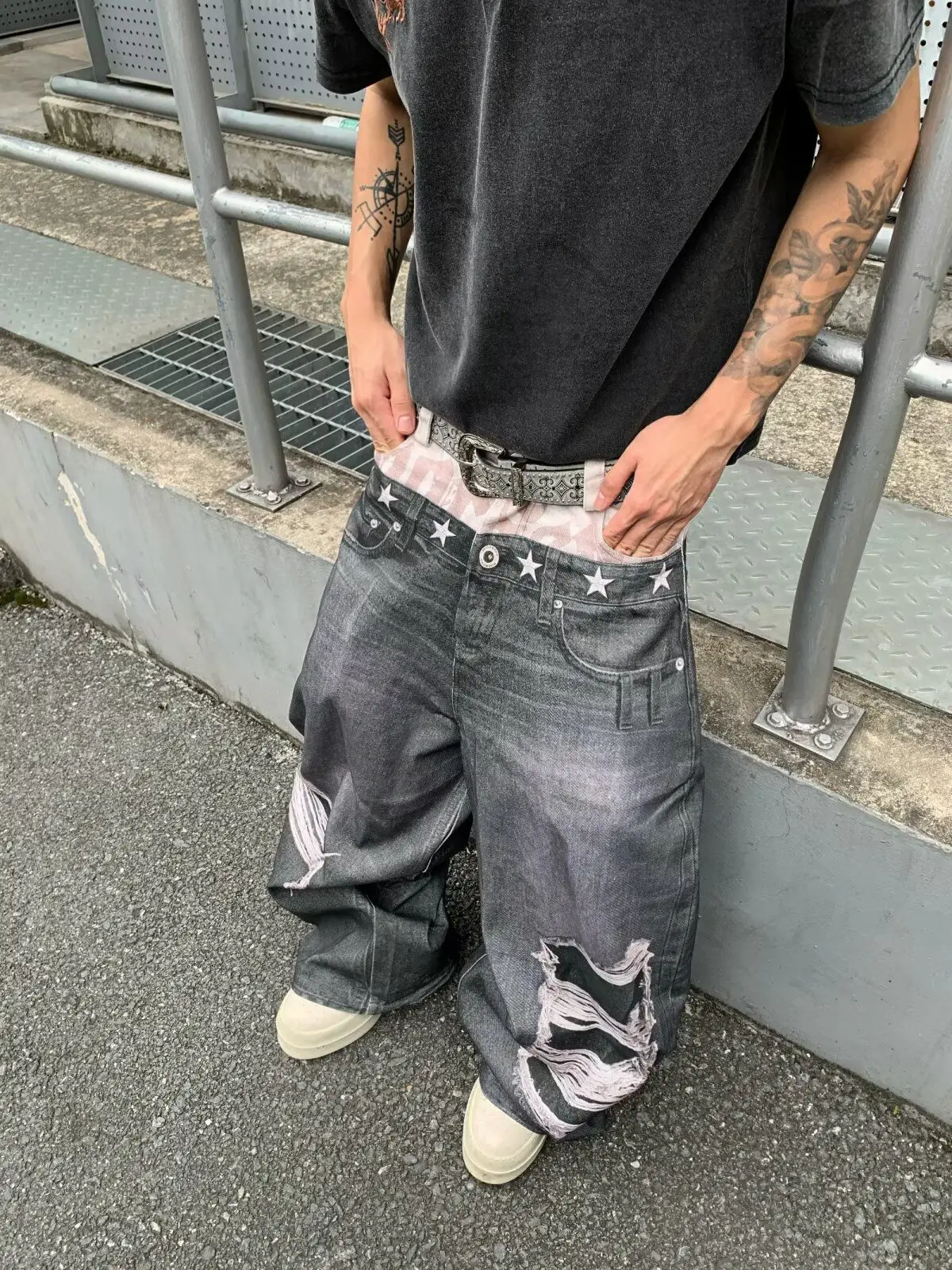 Men's Double Waisted Hole Print Jeans Casual Street Straight Sweatpants Y2k Pants 90s Unisex Streetwear Male Wide Legs Trousers