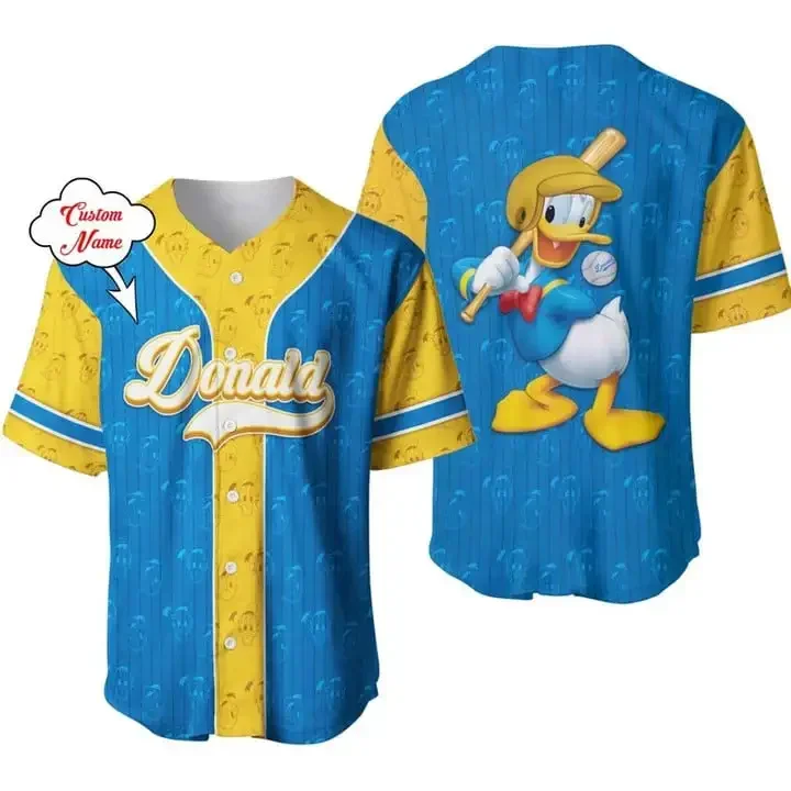 2024 Donald Duck Baseball Jersey Disney All Over Print 3D Pinstripe Baseball Jersey Summer Fashion Shirt Men Wome Tops