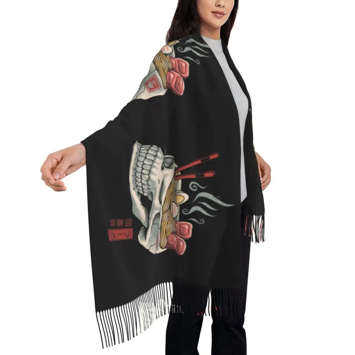 Halloween Skull Scarf Unisex Halloween Food Manga Scarves Wraps with Long Tassel Autumn Popular Shawls Wrpas Keep Warm  Bandana