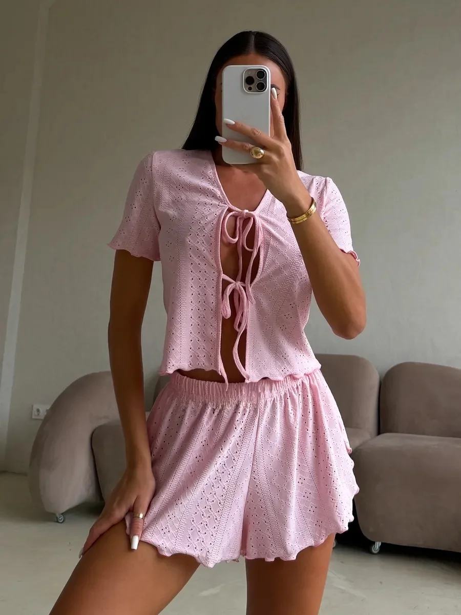 

Sexy Hollow out ort Sve Pure Color Cardigan And orts Set Women's Faionable Home Wear Summer Nightgown Two-Piece Set