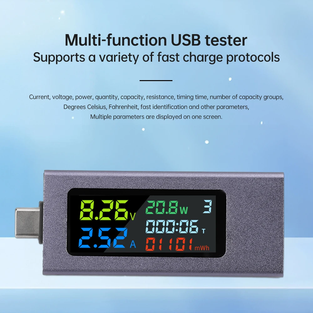 USB Type-C Tester Multi-function Digital Display Voltage Ammeter Impedance Power Meter Cell Phone Charging Tester DC4.5~50V 0-8A