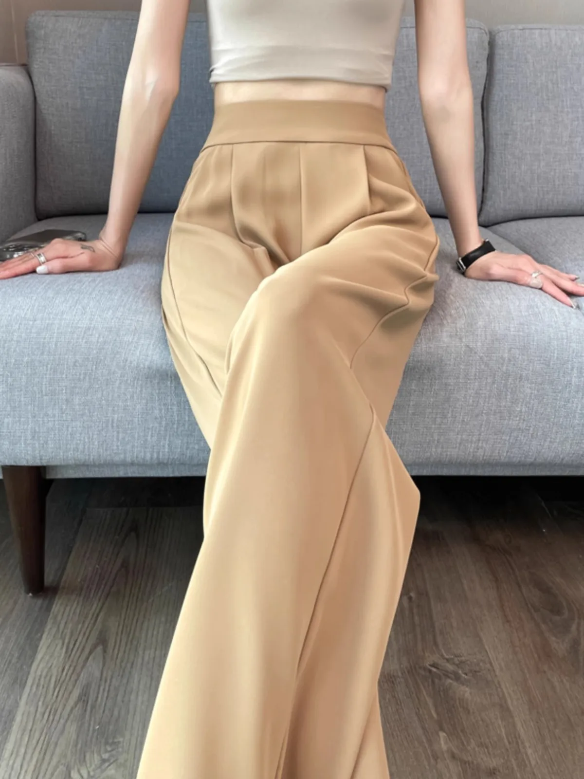 

Широкие брюки, винтажные женские весенние двухслойные брюки с эластичной резинкой против морщин, без потерь, повседневная одежда в консервативном стиле, моющиеся брюки с эластичной резинкой на талии