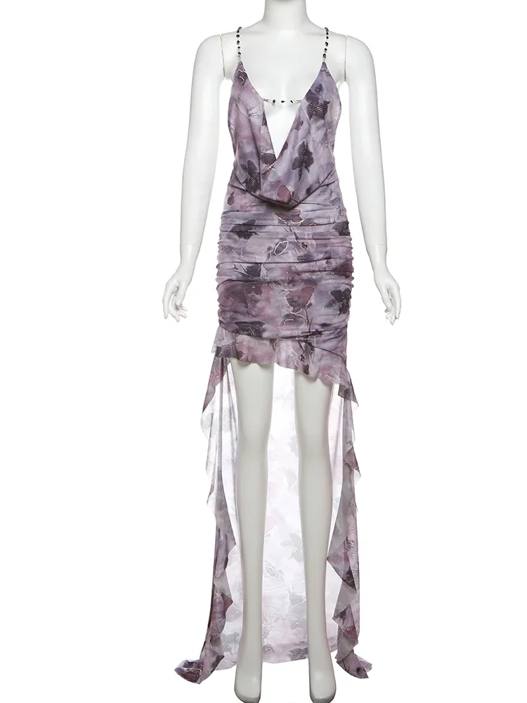 Leosoxs زهرة طباعة فستان سلسلة نسائية الرسن سوينغ طوق عارية الذراعين Ruched الكشكشة عطلة الشاطئ موضة طويلة Bodycon