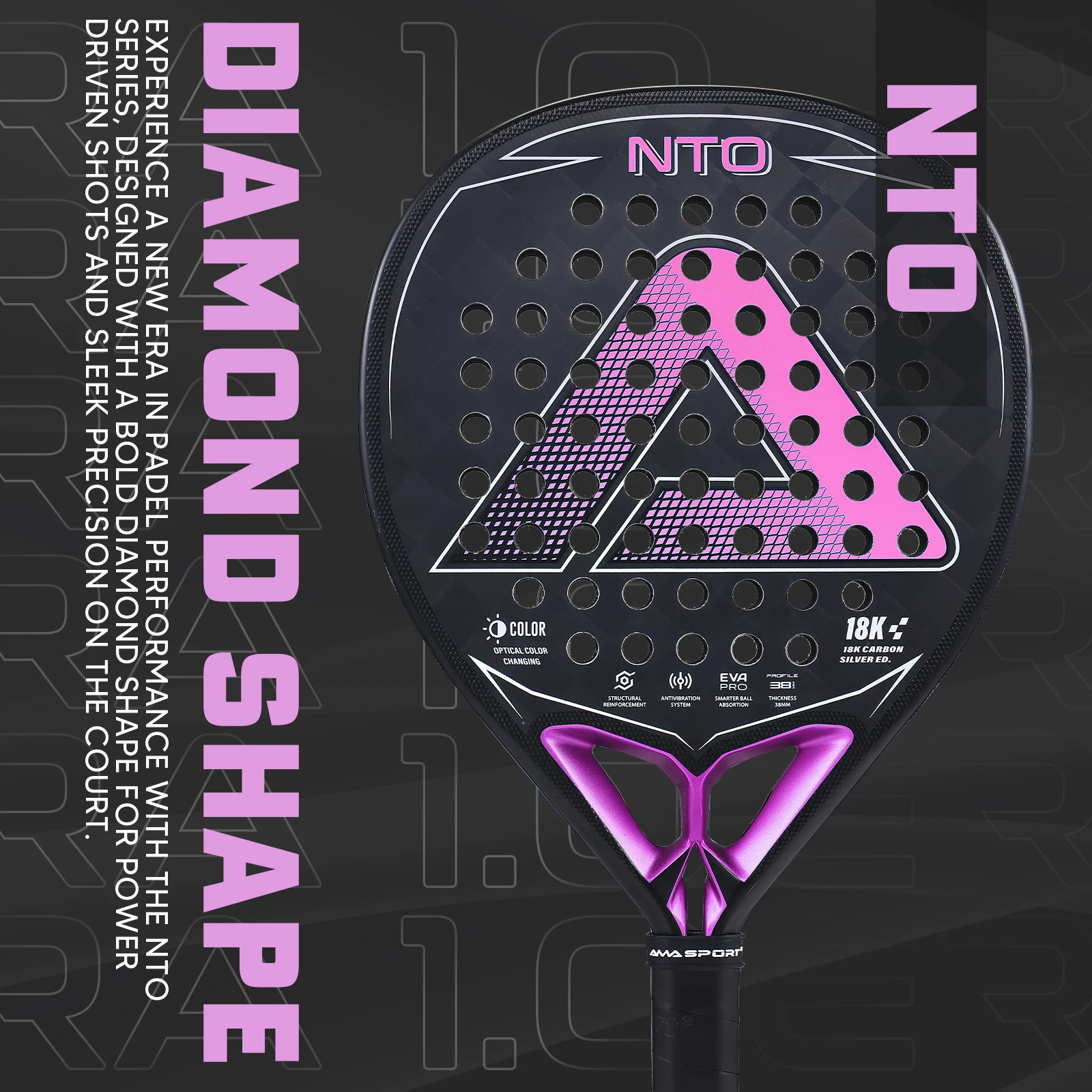AMASPORT 18K Carbon Padel Racquet with Optical Color Changing Feature And Aggressive Diamond Shape for Expert Adult Tennis Playe