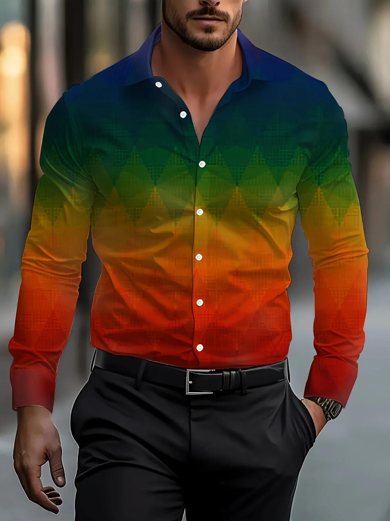 

Autumn Men's Gradient Printed Shirts Men's Stand-up Collar Outdoor Street Long-sleeved Clothing Fashionable Casual Business Wear