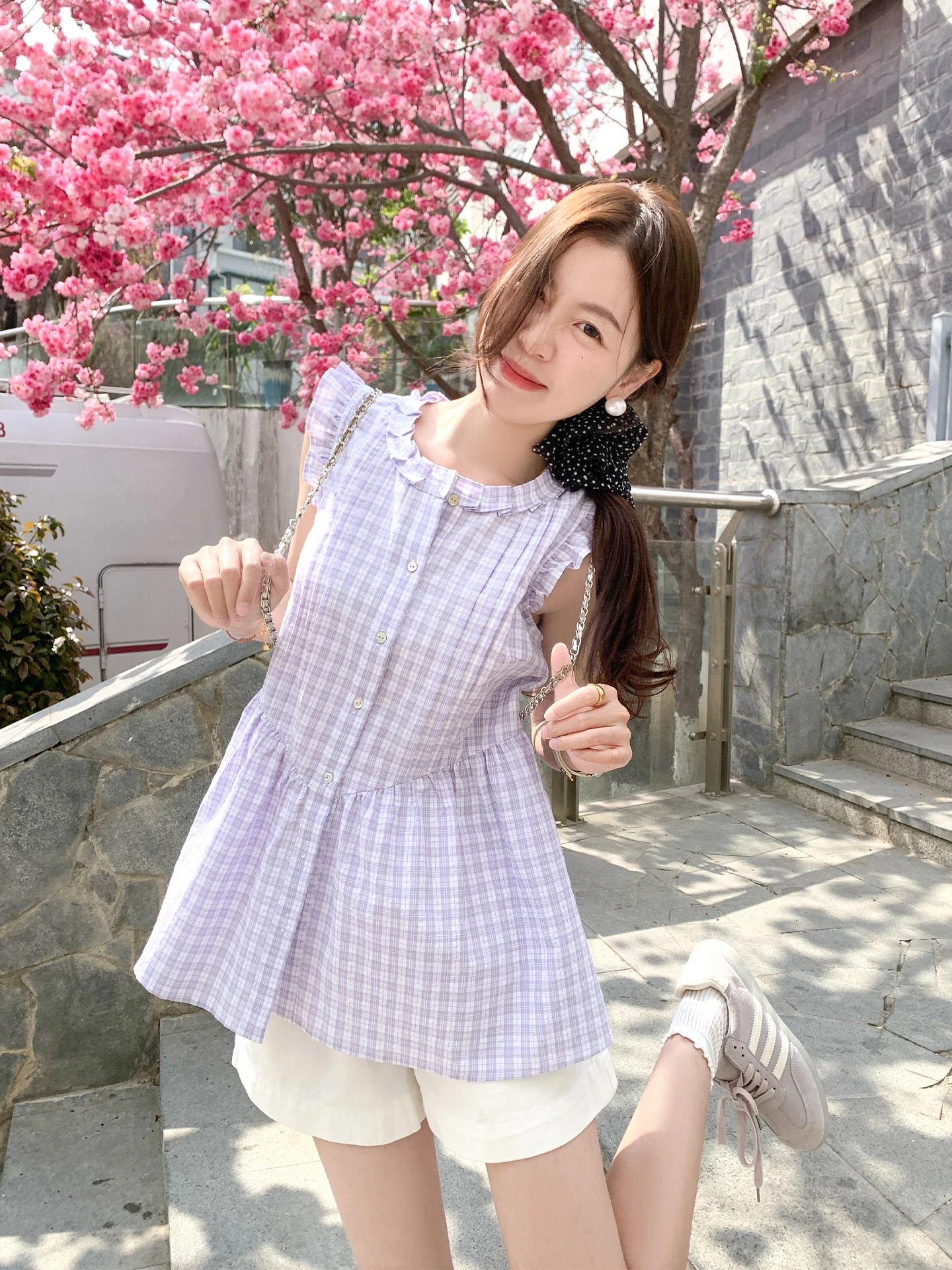 

Женская летняя рубашка свободного кроя с круглым вырезом, без рукавов, фиолетовая в клетку, в корейском стиле, повседневная, с рукавами-крылышками, для похудения