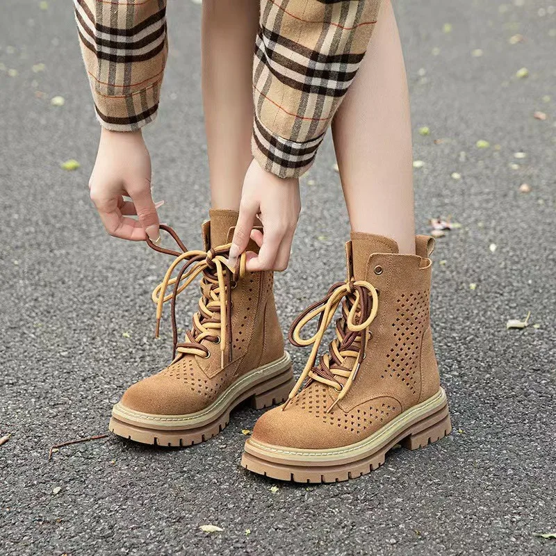 

European Style Hollow Out Short Boots for Women 2025 Summer New Soft Leather Retro Women's Short Boots Cow Suede Sandals