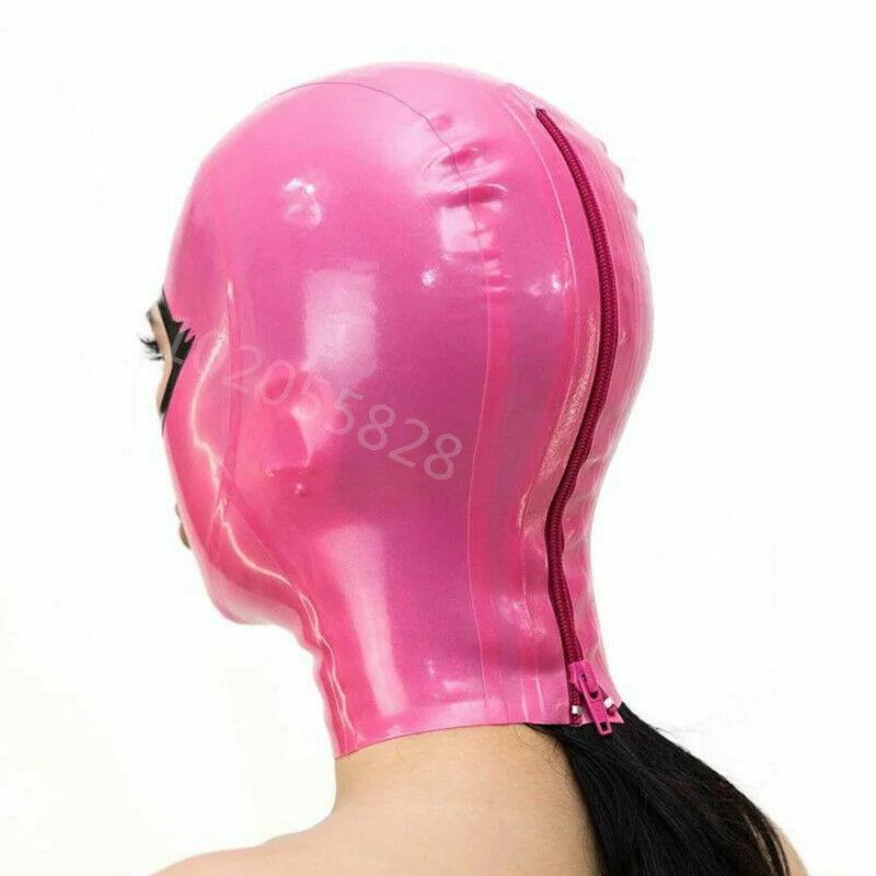 Natural Latex Hood Mask Cosplay Pink Latex Hood Open Beautiful Eyes and Mouth With Trims Back Zipper Rubber Mask Club Wear