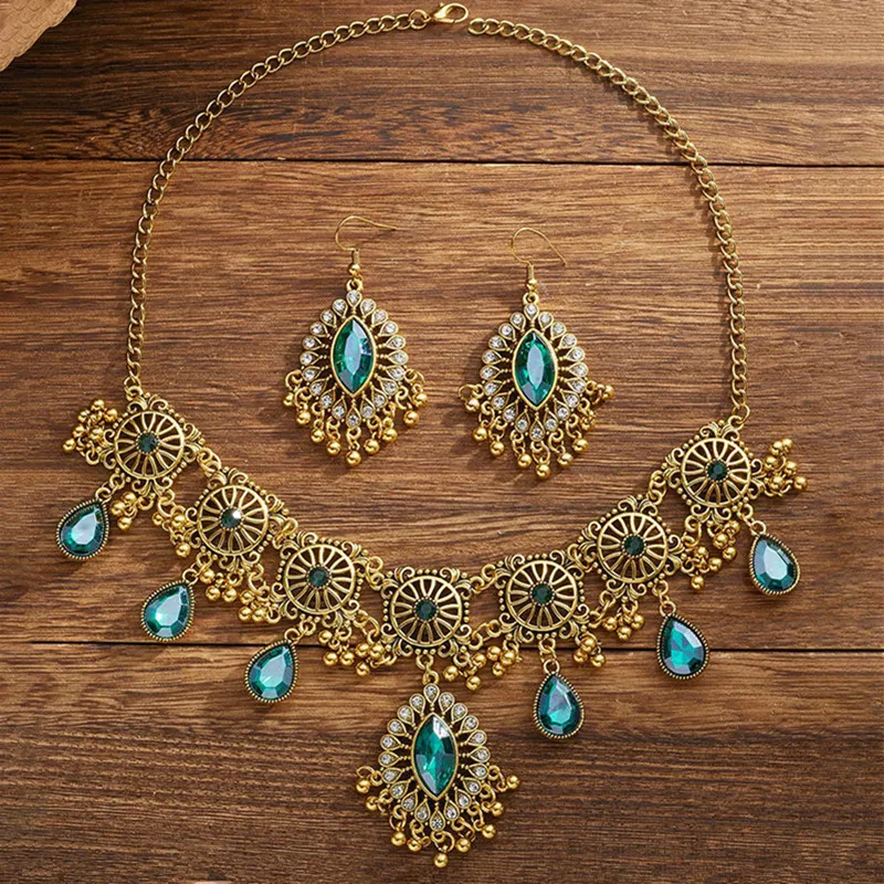 Retro Jewelry Set For Women Hollow Metal Frame Choker Necklace Earrings Sets Jewelry Water Drop Resin Stone Decoration Jewelry view 6