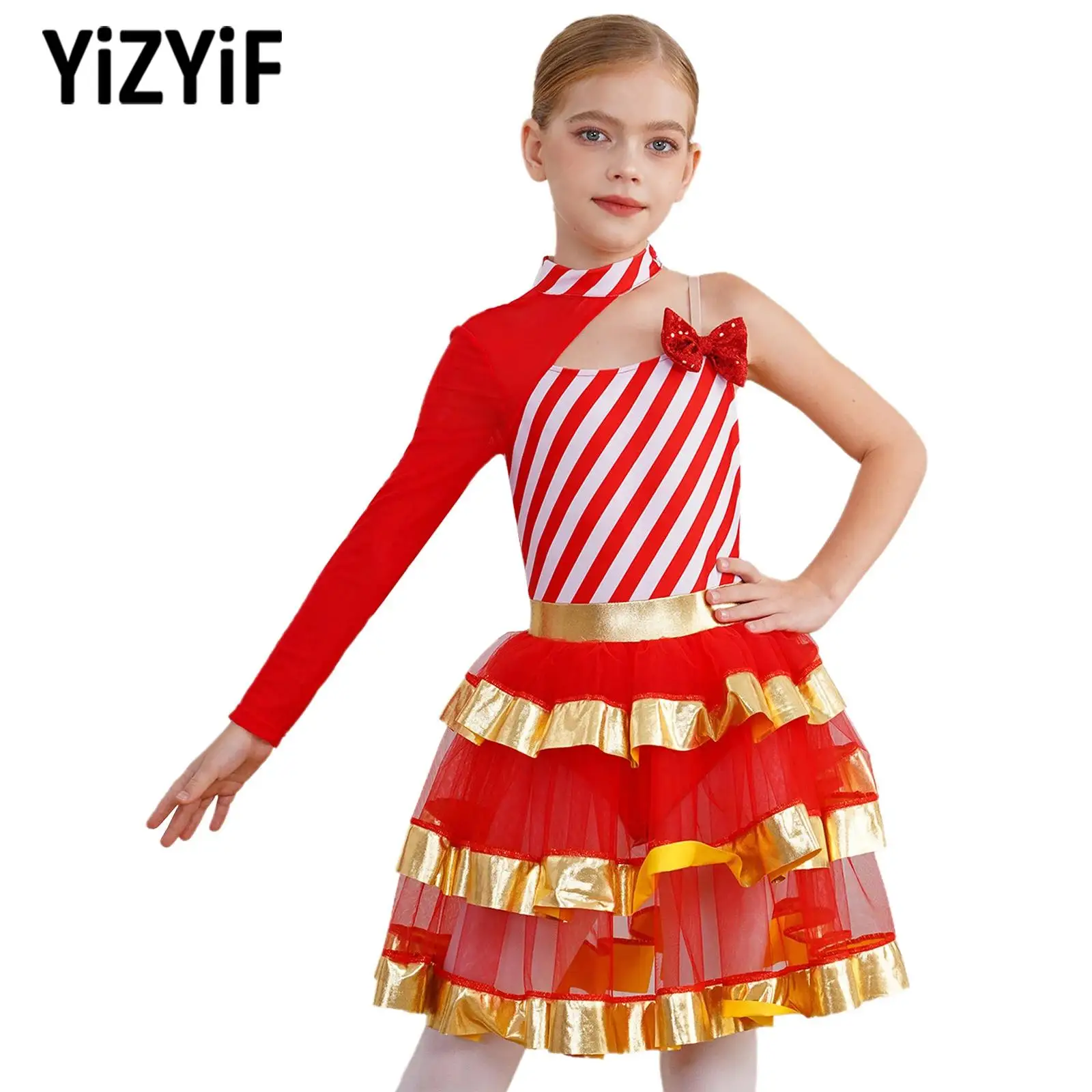 Girl Christmas Dance Cosplay Dresses Costume Unique Shoulder Stripes Dress Shiny Sequins Tiered Tutu Dress Christmas Party Dress