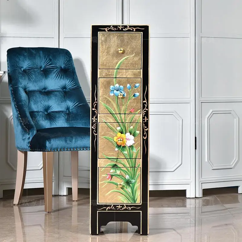 New Chinese Gold Foil Solid Wood Chest Cabinet, Living Room Painted Storage Drawer Porch Storage Side Cabinet