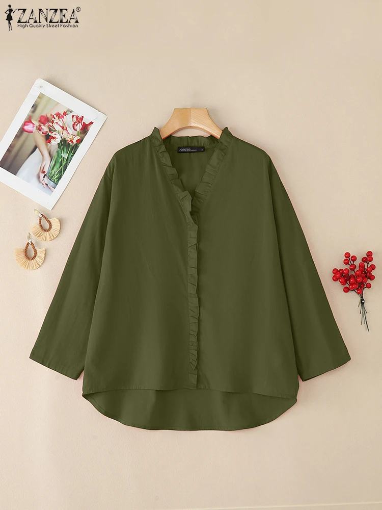 

2025 ZANZEA Autumn Office Ruffles Blouses Women Cotton Shirts Casual Long Sleeve V Neck Tops Loose Chemise Buttons Blusas Femme
