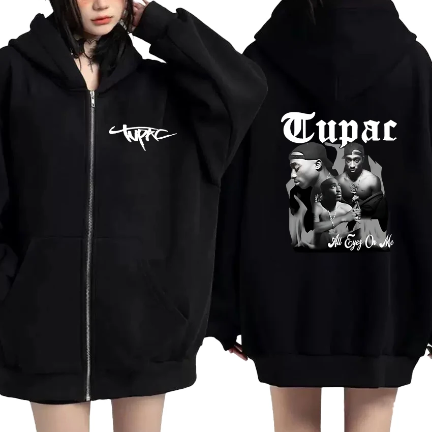 

Tupac 2pac Graphic Double Sided Print Autumn Winter Zip Up Long sleeve Hoodie Men Women Loose jacket Fleece Unisex Zip Up Coats