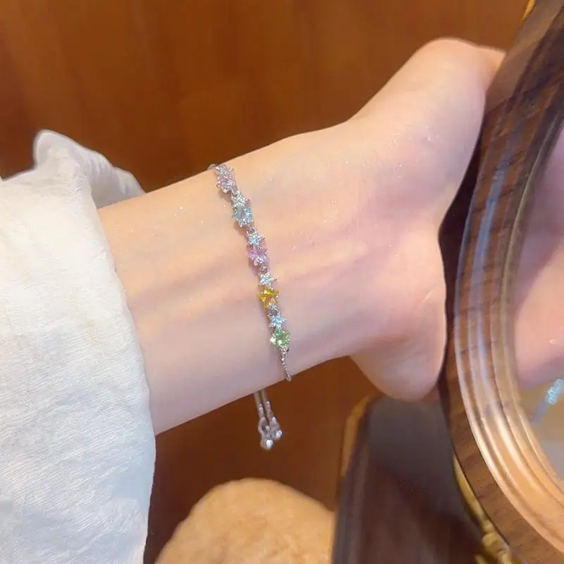 Shiny Crystal Star Bracelet Colorful Zircon Pull Adjustable Wrist Jewelry for Women Prom Date Wear