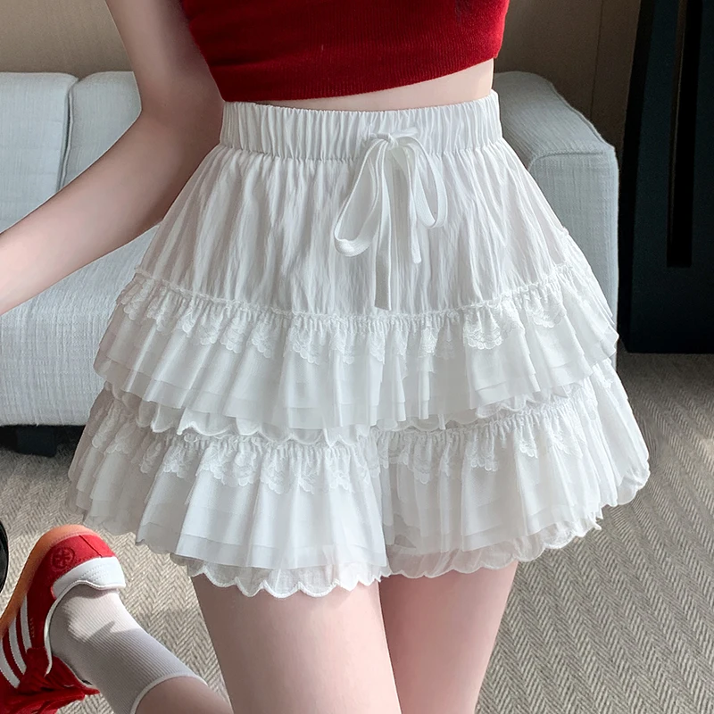 

Женские белые многоярусные юбки, кюлоты А-силуэта с эластичной талией, струящиеся юбки-шорты с оборками, летние юбки-шорты с защитой от просвечивания
