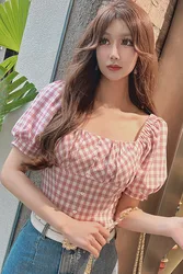 Dabuwawa Gingham Shirt Short High Waist Slim Puff Sleeve Square Neck Blouse Top Back To School Vintage Summer Female DM1BST002