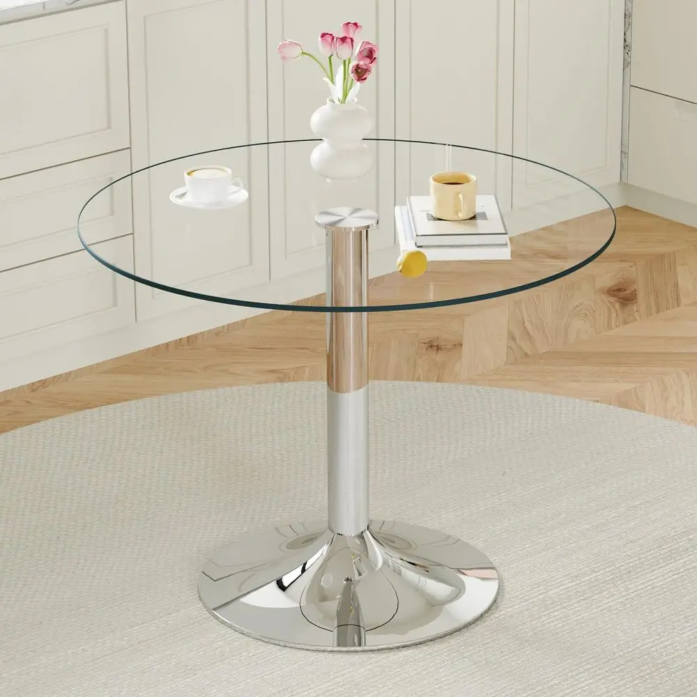 

44 Tempered Glass Round Dining Table with Pedestal Base, Perfect for Small Kitchens and Breakfast Nooks