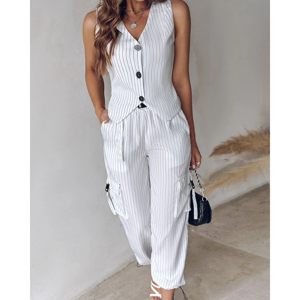 Women Suits Casual Striped Print V-Neck Vest & Pants Set Femme Summer Ensembles 2 Piece Set Business Attire for Women Workwear