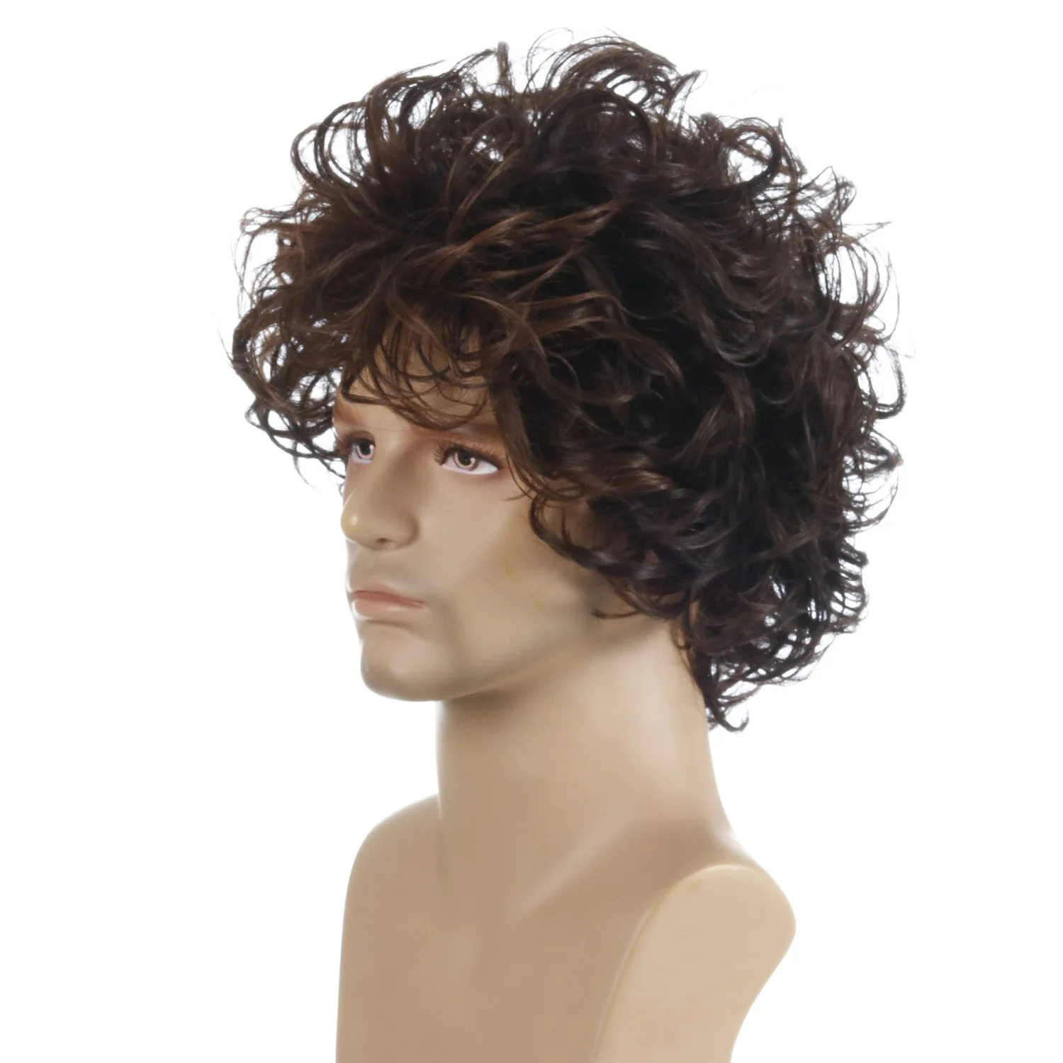 Handsome Men\'s Fashion Brown Curly Synthetic Wigs with Bangs Loose Wave Hair Cool Rock Cosplay Party Wigs for Man