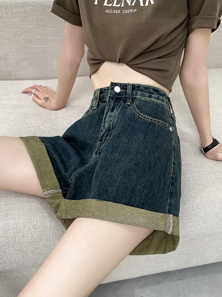 女性のための古いレトロなデニムショートパンツ薄いホットガールズワイドレッグハイウエストストレートAライン