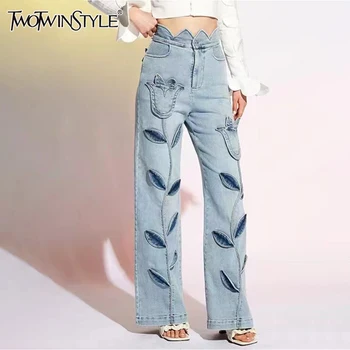 TWOTWINSTYLE Schlank Verstärktes Tasche Denim Hosen Für Frauen Hohe Taille Stickerei Patchwork Taste Casual Jeans Weibliche Mode Neue