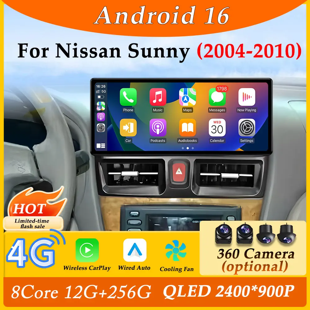 12,3-Zoll-Ultradünnbildschirm für Nissan Sunny 2004–2010 CarPlay Autoradio Video Audio Multimedia Player Split Screen DSP Stereo BT