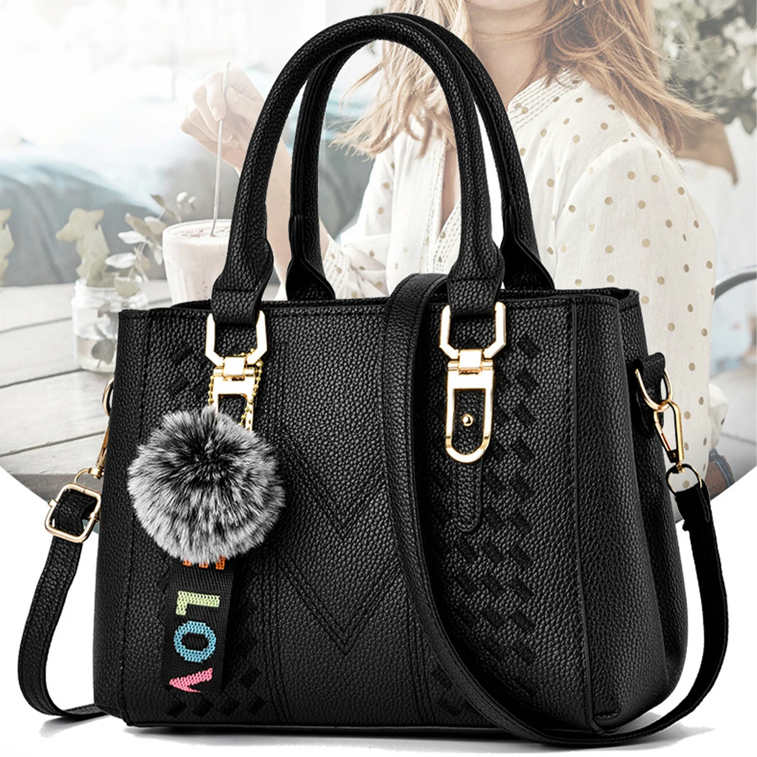 

New Women's Handbag Fashion Embroidery Thread with Hairball Pendant Large Capacity Shoulder Bag Travel Tote Bags for Women