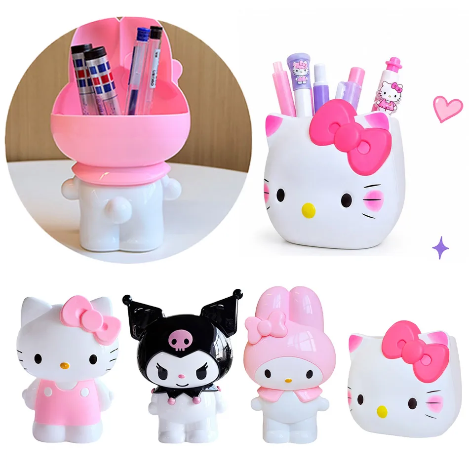 Cute Sanrio Hello Kitty Figurine Pen Cup Dual Purpose Cosmetic Brush Holder Desktop Decoration Collectible Toy Gift
