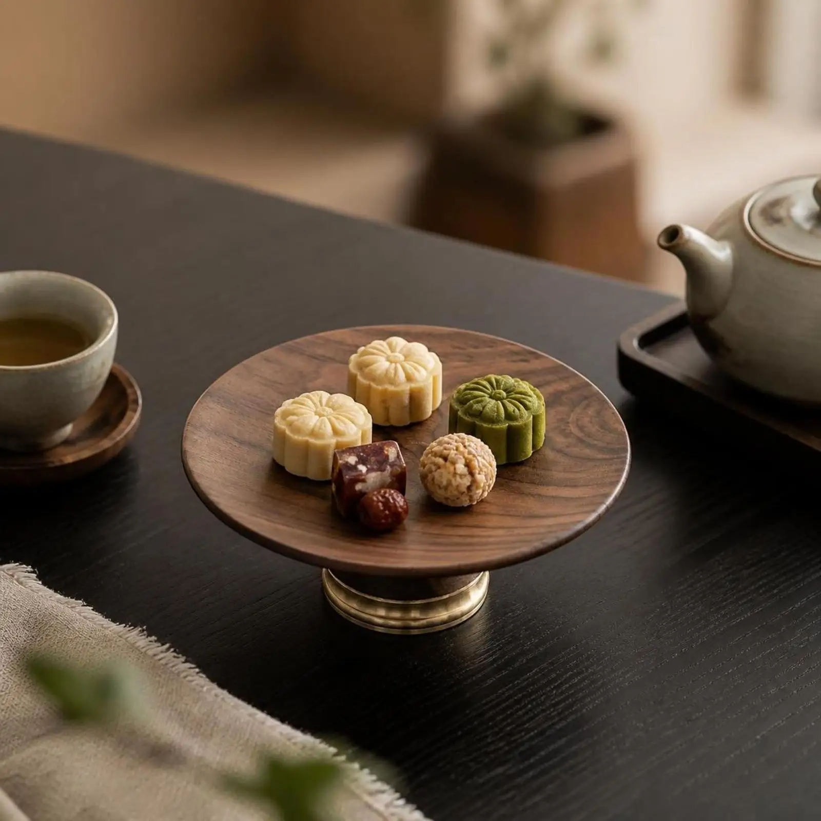 Dark Walnut Serving Tray for Fruit Dessert Snack Plate with Short Base for Coffee Table Use