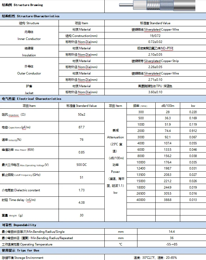 LOW LOSS AMPLITUDE AND PHASE STABILIZATION CABLE YSG360-PUR FLEXIBLE TEST CABLE CAN BE CUSTOMIZED WITH 26.5GHZ