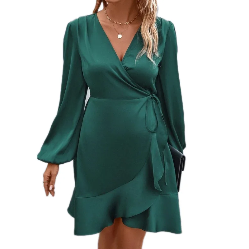 女性のエレガントなファッションセクシーな女性のドレスパーティーナイトドレス V ネックドレスサテンウエストローカットカジュアルvestidos femininos 2024