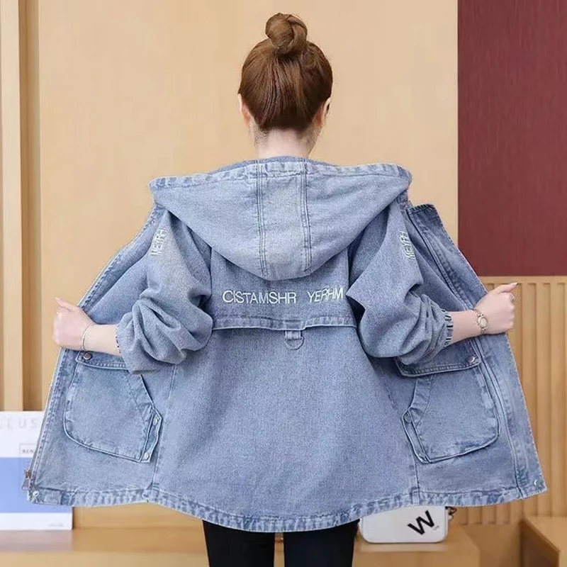 2023 New Autumn Denim Jacket Coat Women Long Sleeves Vintage Windbreaker Female Long Jean Jacket Loose Outerwear Tops 4XL