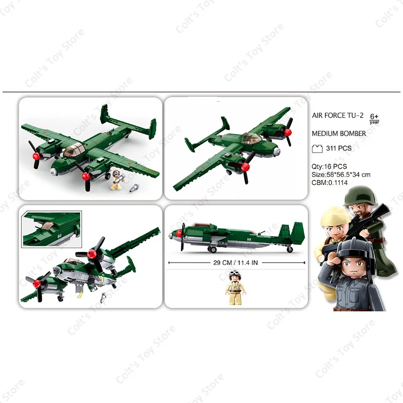 Sluban Pesawat WW2 Militer Uni Soviet TU-2 Bomber BF 109 Pesawat Tempur Blok Bangunan Bata Tentara Tentara Mainan Model Klasik