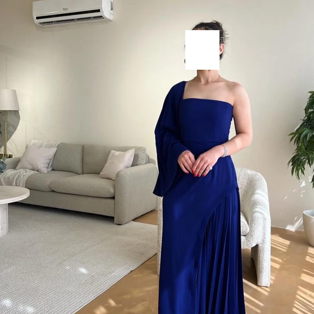 

Simple Straight Blue Floor Length Evening Dress Modern One Shoulder Jersey Long Sleeves Ruffles Pleats Saudi Arabia Women 2024