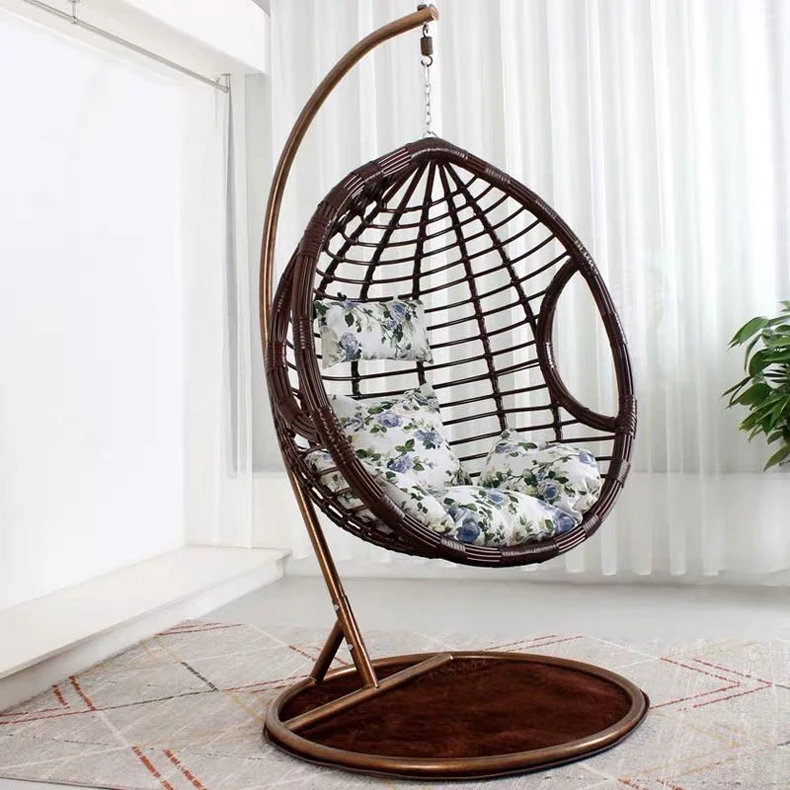 

@!Hot Sale PP Rattan Weaving Metal Frame Round Base Hanging Swing Single Basket Chair BTSC001 with Pillow for Garden or Balcony