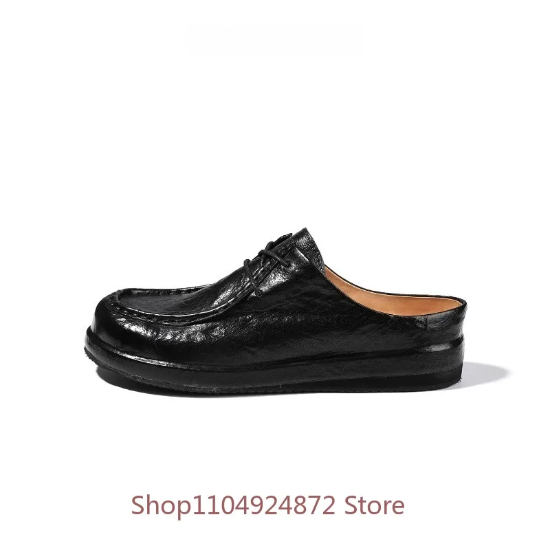 High-end Black Genuine Leather Lace-up Casual Half Slippers Men's Leather Shoes Summer Outdoor Beach Horsehide Sandals Male